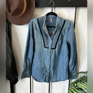 Free people denim tuxedo style button down western jean shirt retro